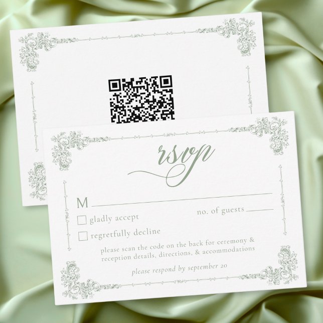 Cartão RSVP Elegant Vintage Baroque Sage Green Wedding QR (Elegant Vintage Baroque Sage Green Wedding QR RSVP Card)