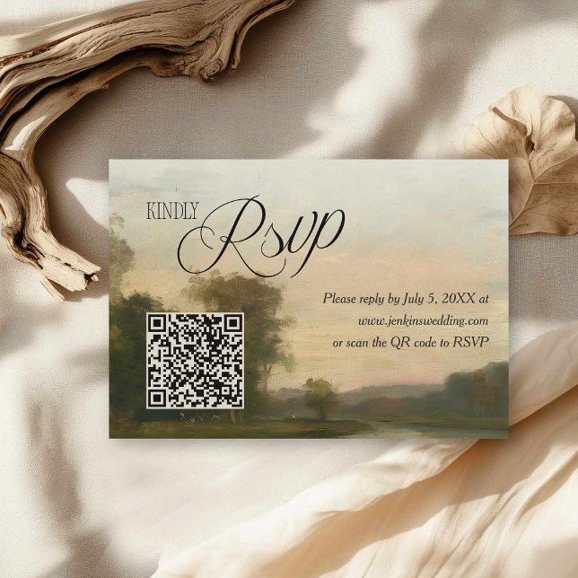 Cartão RSVP Elegant Vintage Landscape QR Code Wedding (Elegant Landscape Vintage Wedding RSVP with QR Code)
