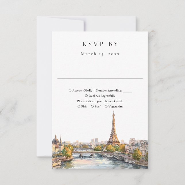 Cartão RSVP Elegant Watercolor Paris França Wedding (Frente)