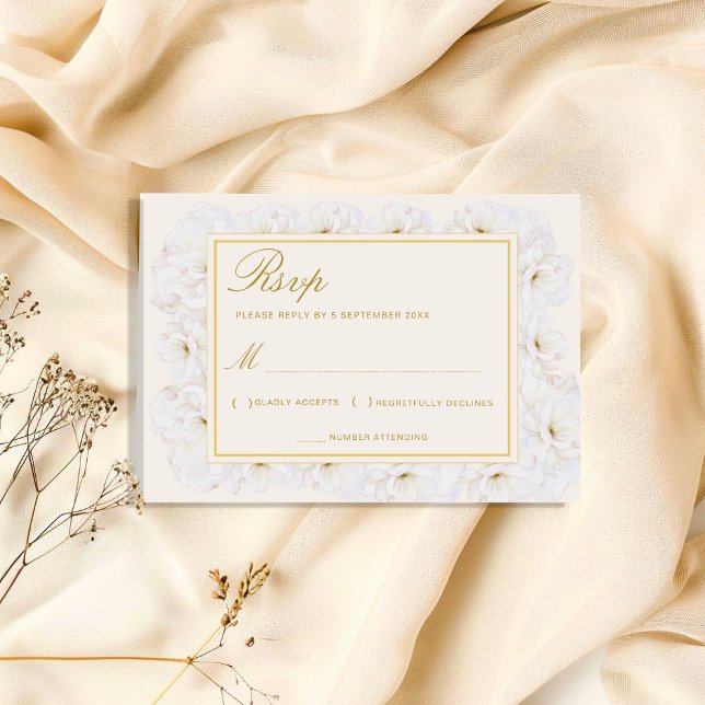 Cartão RSVP Elegant White Floral Ivory Gold Border (Criador carregado)