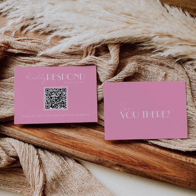 Cartão RSVP Elegant White Pink Minimalist QR Code Wedding (Criador carregado)