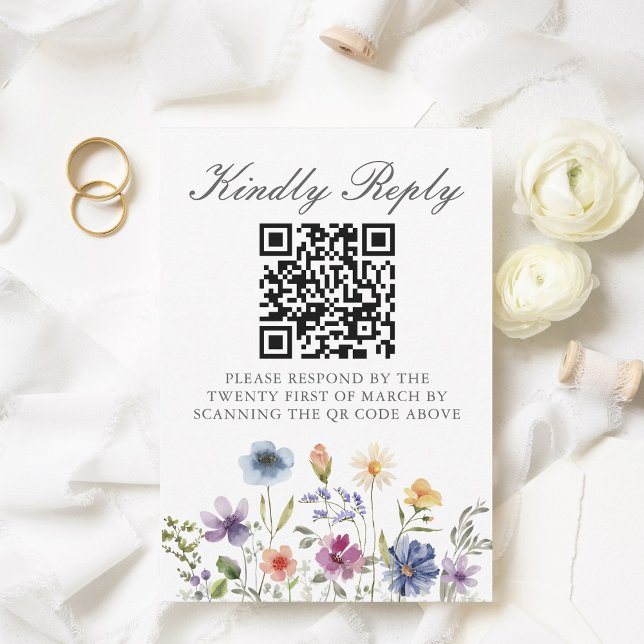 Cartão RSVP Elegant Wildflower Spring Wedding QR Code Scan (Criador carregado)
