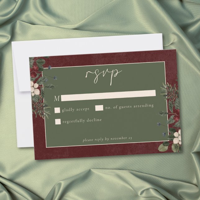 Cartão RSVP Elegant Winter Berries & Pine Burgundy Wedding (Elegant Winter Berries & Pine Burgundy Wedding RSVP Card)