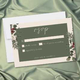 Cartão RSVP Elegant Winter Berries & Pine Ivory Wedding