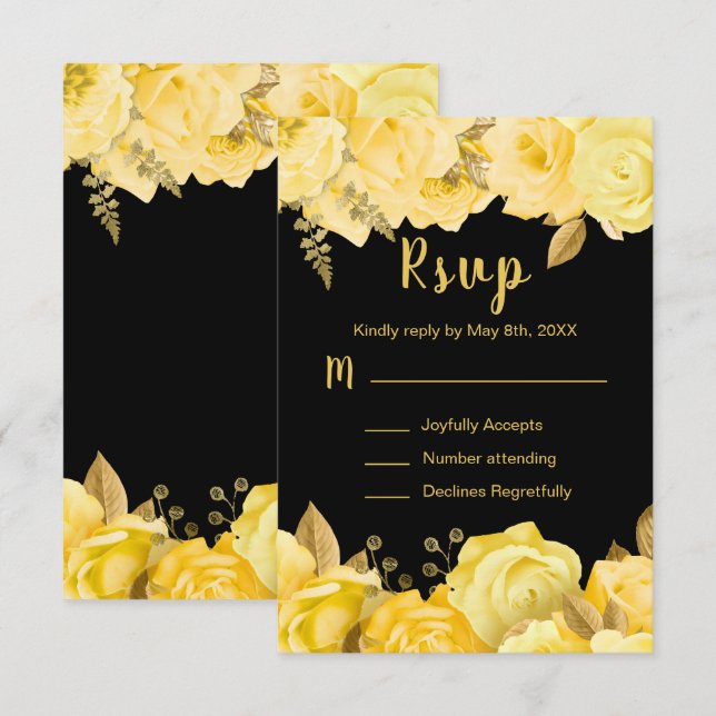 Cartão RSVP Elegant Yellow and Gold Flowers Sweet Sixteen (Frente/Verso)