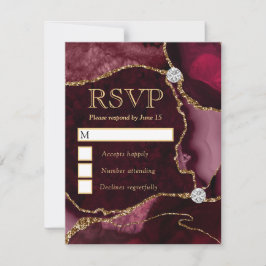 Cartão RSVP Elegante Ágata Mármore Falso Brilho Vermelho e Dou