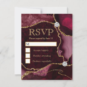 Cartão RSVP Elegante Ágata Mármore Falso Brilho Vermelho e Dou