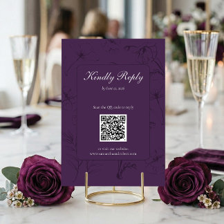 Cartão RSVP Elegante Ameixa Código QR de Arte de Linha Floral 