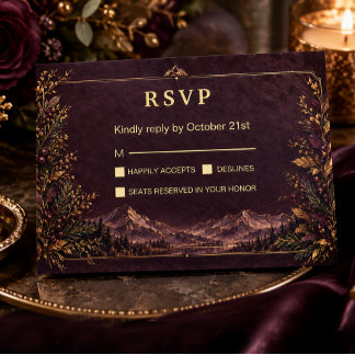 Cartão RSVP Elegante Ameixa Escura Montanha Dourado Botânico R