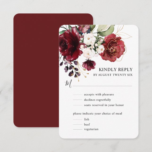 Cartão RSVP Elegante Aquarela Dourada Borgonha Floral w Refeiç (Frente/Verso)
