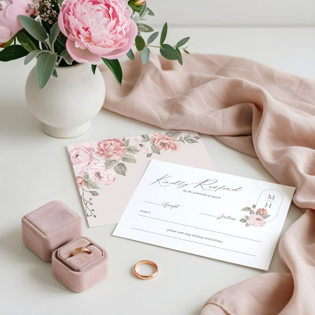 Cartão RSVP Elegante Aquarela Pink Peony Floral Monograma (Elegant Watercolor Pink Peony Floral Monogram RSVP Card)