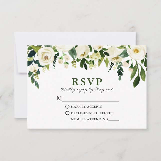 Cartão RSVP Elegante Aquarela Verde Floral Branco (Frente)