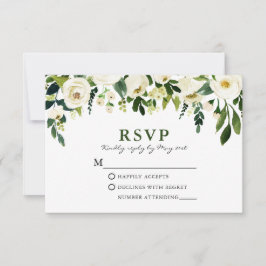 Cartão RSVP Elegante Aquarela Verde Floral Branco