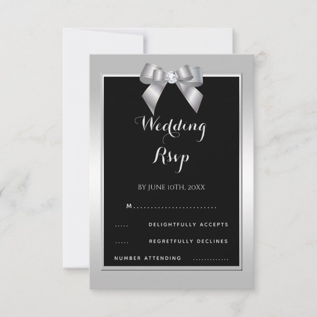Cartão RSVP Elegante Arco de Gema Prateada & Casamento Preto (Frente)