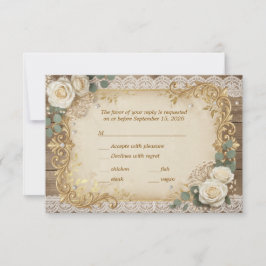 Cartão RSVP Elegante Arco de Renda Rústica Dourada Marfim e Pé