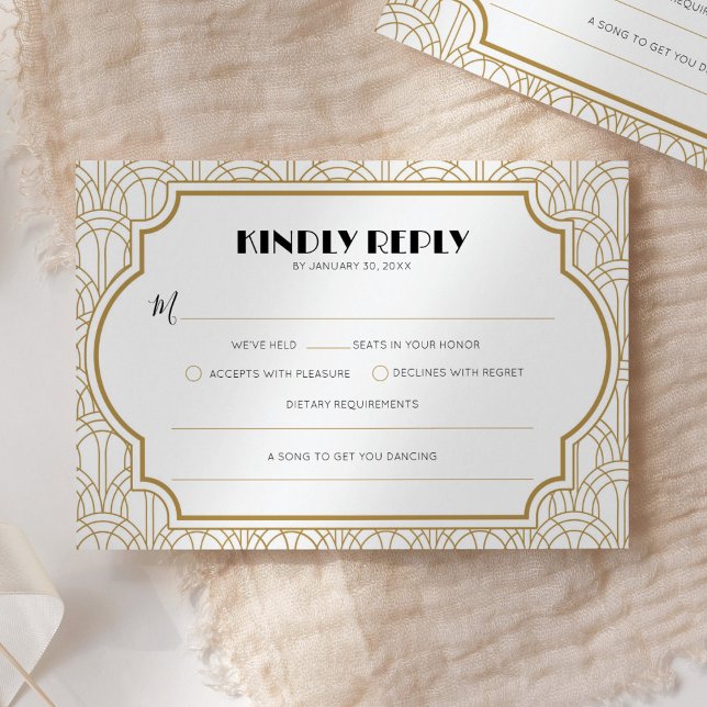 Cartão RSVP Elegante Art Deco Gatsby Casamento Anos 20 Branco  (Criador carregado)