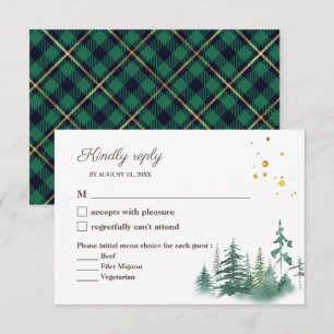 Cartão RSVP Elegante Árvore em Aquarela Verde Dourado para Cas