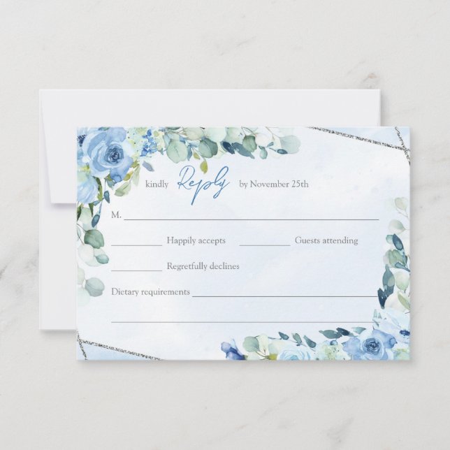 Cartão RSVP Elegante azul-aquarela cor verde-prateado (Frente)