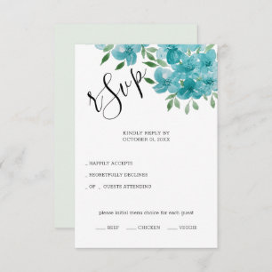 Cartão RSVP Elegante Azul Derrante E Arte Floral De Mola De Mi