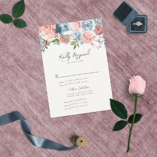 Cartão RSVP Elegante Azul empoeirado e Rosa