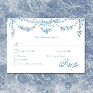 Cartão RSVP Elegante Azul Francês Casamento Vitoriano em Chino