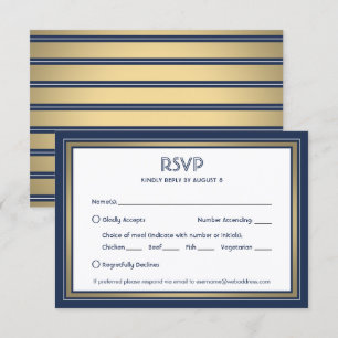 Cartão RSVP Elegante Azul Marinho Branco & Dourado com Opções