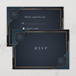Cartão RSVP Elegante Azul Naval Turquesa e Dourado Moderno 