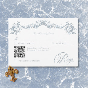 Cartão RSVP Elegante Azul Poeirento Chinoiserie Querubim Casam