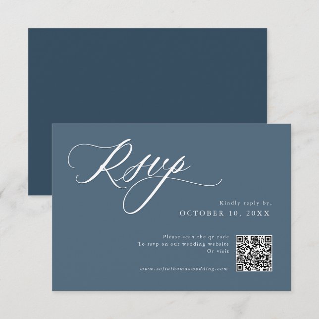 Cartão RSVP Elegante Azul QR Simples Minimalista Moderno (Frente/Verso)