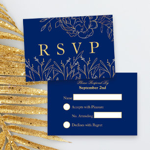 Cartão RSVP Elegante Azul Real com Flores Desenhadas a Ouro