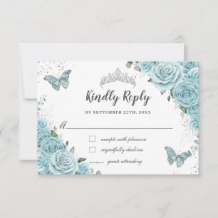 Cartão RSVP Elegante Azul Turquesa Floral Quinceañera Borbolet