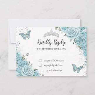 Cartão RSVP Elegante Azul Turquesa Floral Quinceañera Borbolet