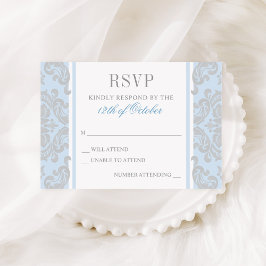 Cartão RSVP Elegante Batismo de Bebê Menino em Azul e Prata Da