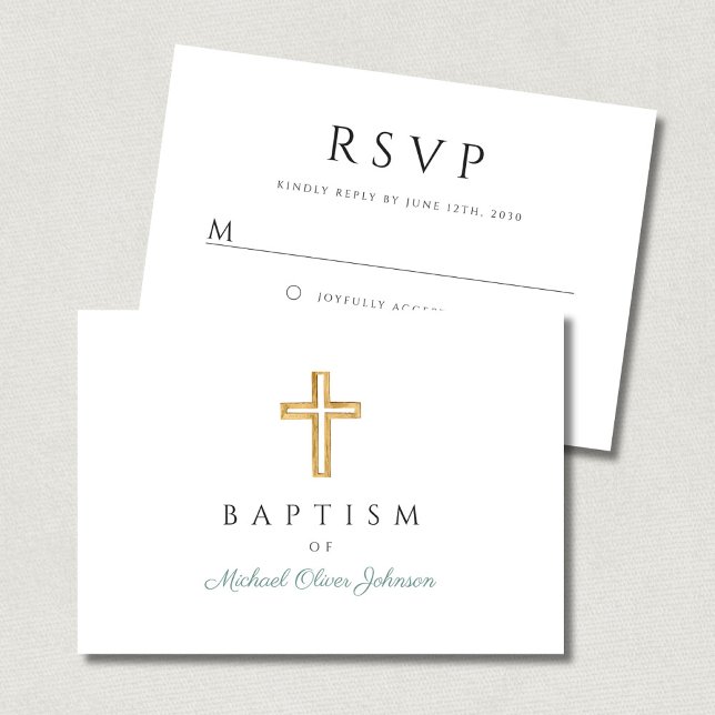 Cartão RSVP Elegante Batismo de Menino em Script Verde  (Elegant Green Script Boy Baptism RSVP Card)