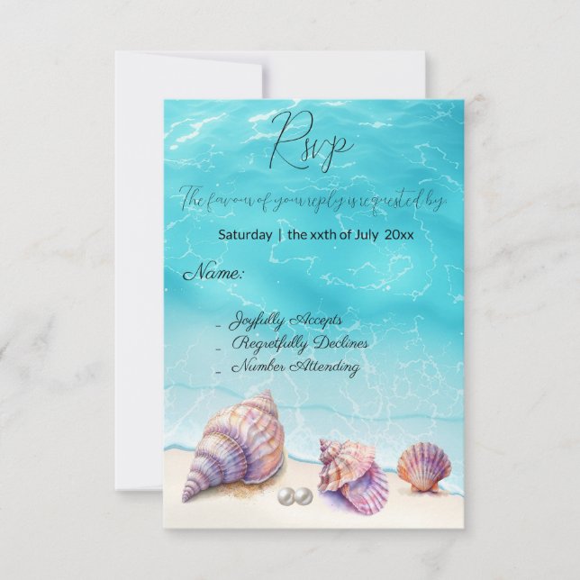 Cartão RSVP Elegante Beach Wedding Seashells Pearls Náutico (Frente)