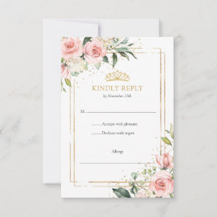 Cartão RSVP Elegante borrão ouro floral tiara Quinceanera