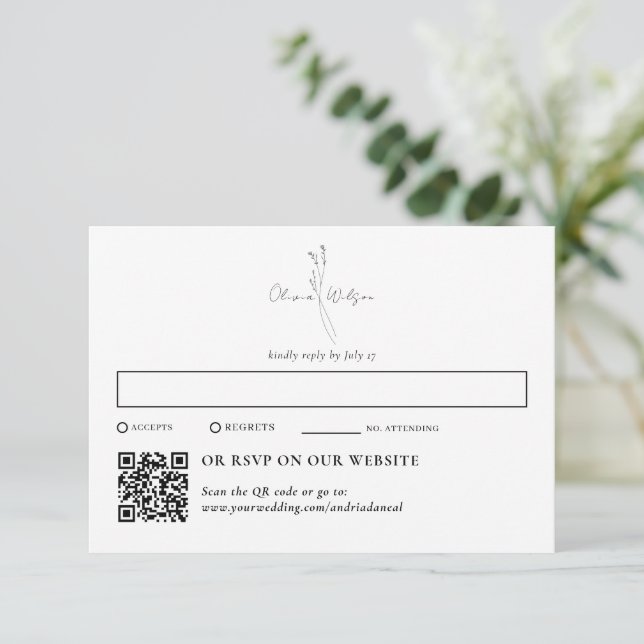 Cartão RSVP Elegante Botânico Tradicional & Código QR Branco (Em pé/Frente)