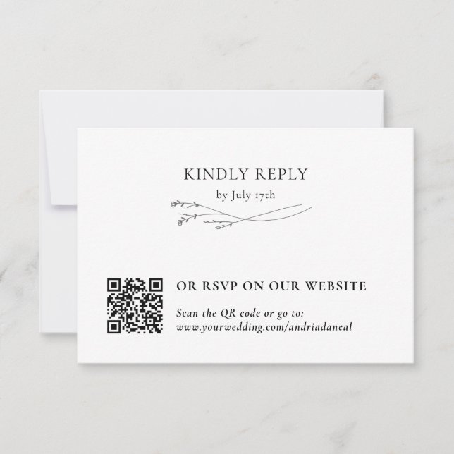 Cartão RSVP Elegante Botânico Tradicional & Código QR Branco (Frente)