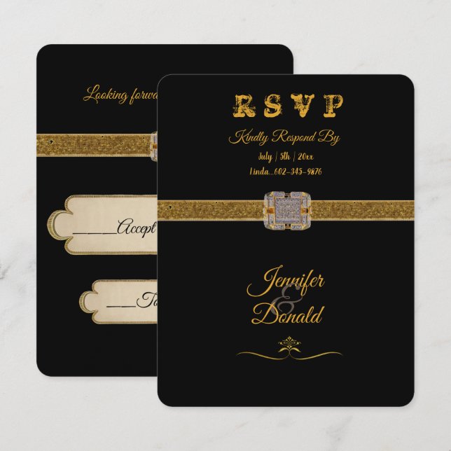 Cartão RSVP Elegante Broche de Brilho Preto Dourado (Frente/Verso)