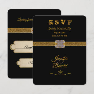 Cartão RSVP Elegante Broche de Brilho Preto e Dourado
