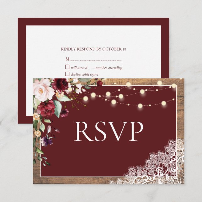 Cartão RSVP Elegante Burgundy Blush Botanical Wood Wedding RSV (Frente/Verso)