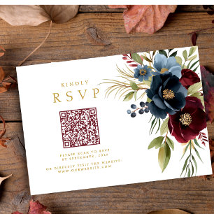Cartão RSVP Elegante Burgundy Floral Bloom Código QR Casamento