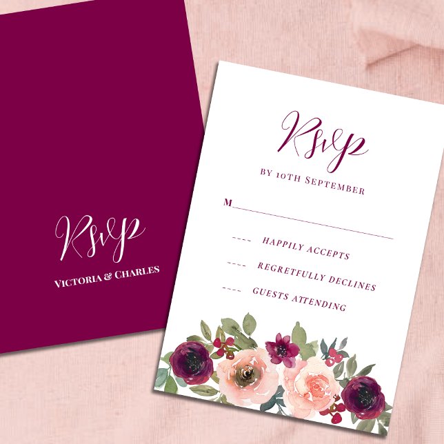 Cartão RSVP Elegante Burgundy Watercolor Floral (Criador carregado)