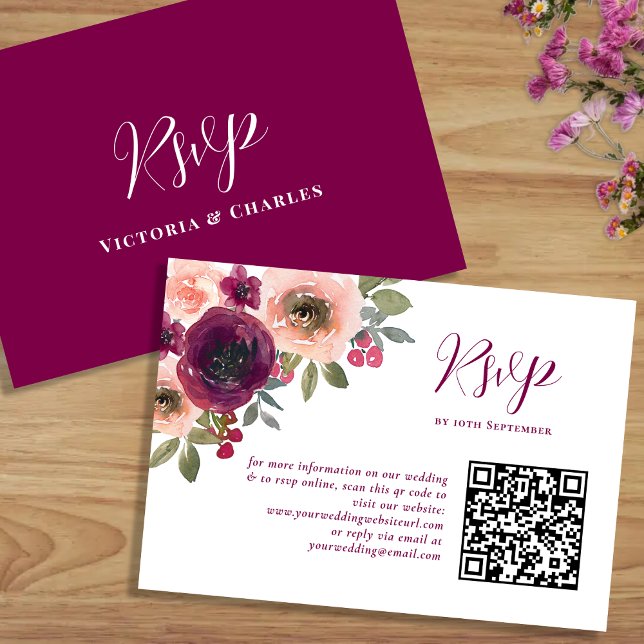 Cartão RSVP Elegante Burgundy Watercolor Floral, código Qr (Criador carregado)