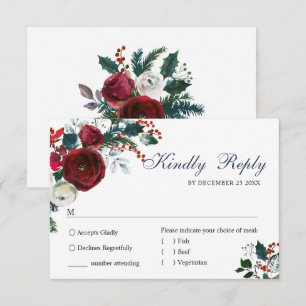 Cartão RSVP Elegante Burgundy Winter Rosa Greenery Wedding