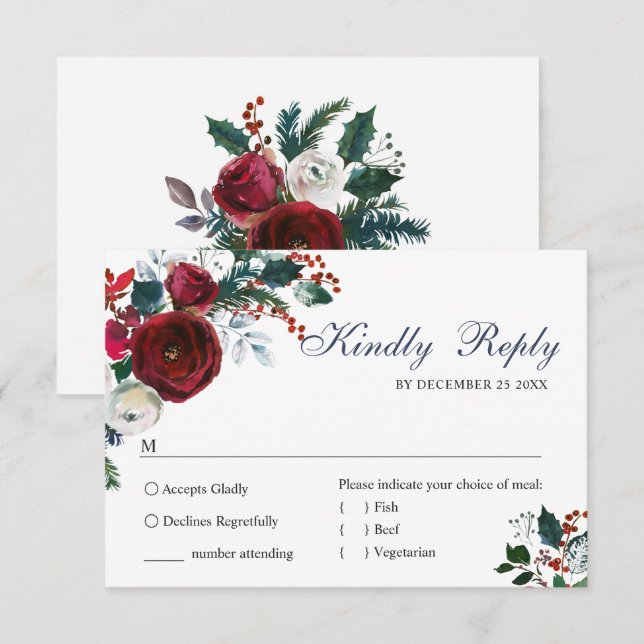 Cartão RSVP Elegante Burgundy Winter Rosa Greenery Wedding (Frente/Verso)