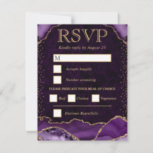 Cartão RSVP Elegante Casamento de Ágata Brilhante Roxo e Doura