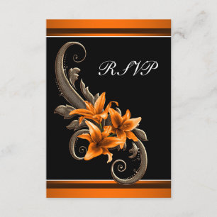 Cartão RSVP Elegante Casamento de Lírio Asiático Preto e Laran