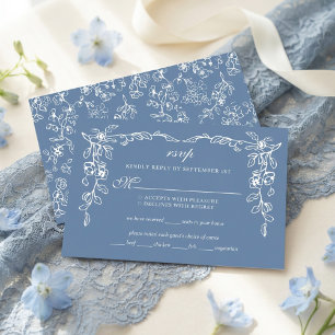 Cartão RSVP Elegante Casamento Floral Vintage Azul Francês