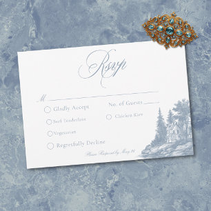 Cartão RSVP Elegante Casamento Francês no Manor com Toile Azul